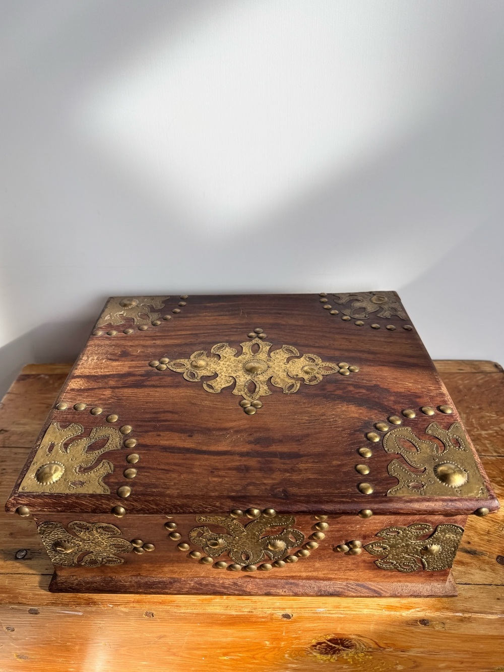 Vintage Antique Style Wooden Brass Fitted Studded Jewelry Box Trinket